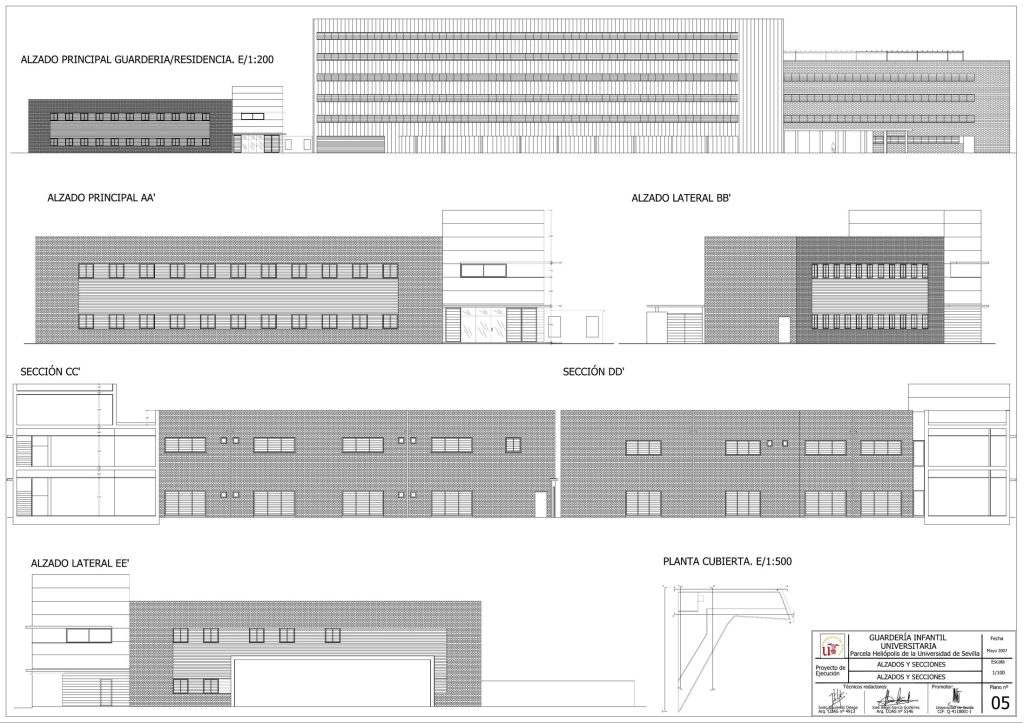 Plano de alzados y secciones de la escuela infantil de Heliópolis (Sevilla)