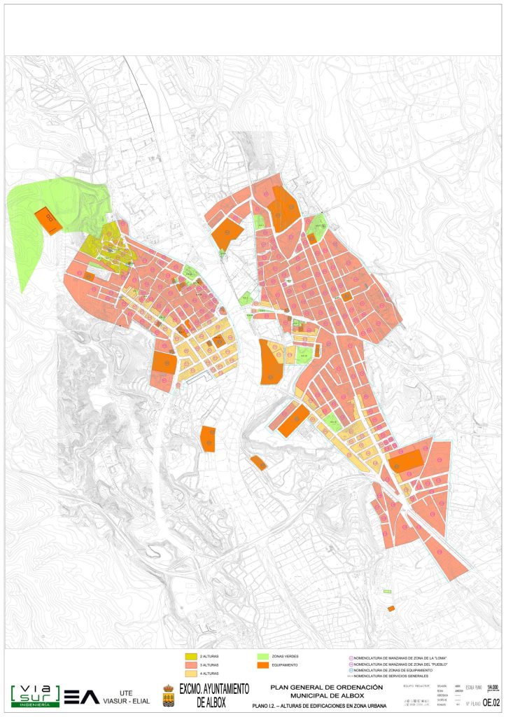Plano de alturas de la edificación del núcleo urbano de Albox, diagnóstico del PGOM