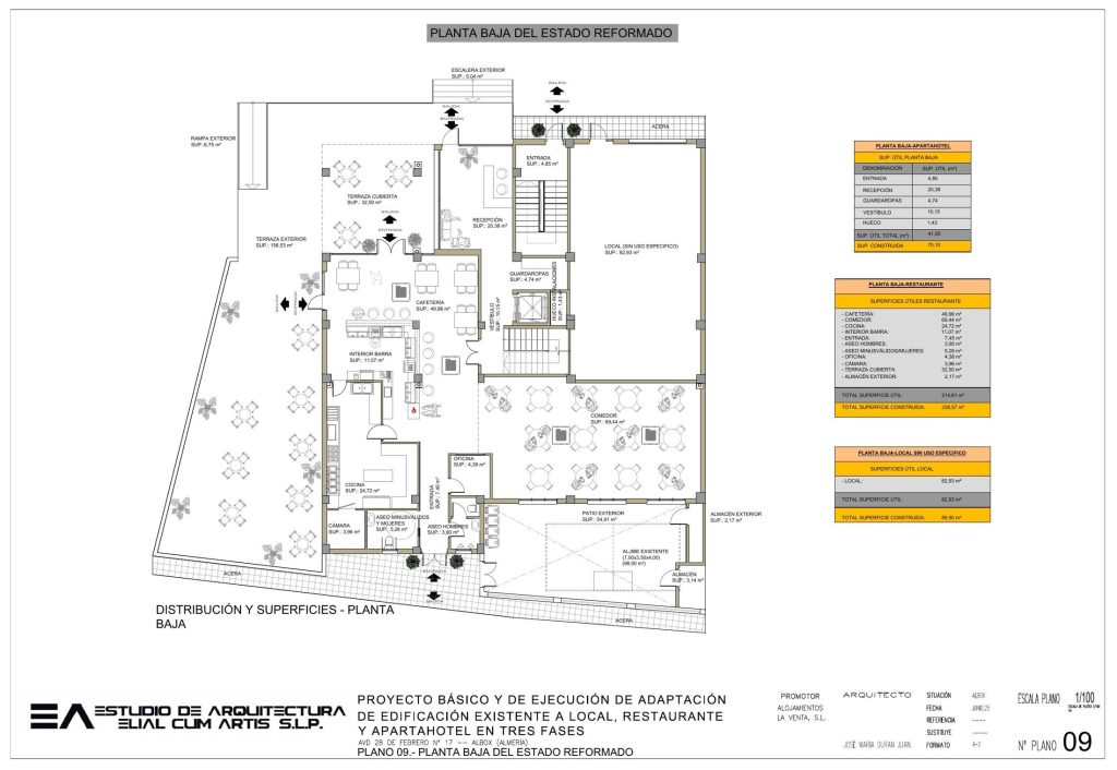 Plano de planta baja del restaurante y local del edificio de Albox, estado reformado
