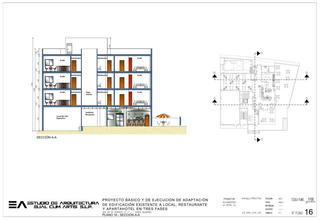 Plano de sección del restaurante y apartahotel de Albox
